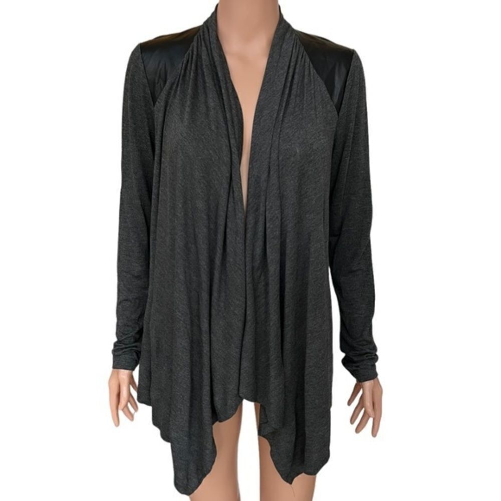 black saks fifth avenue grey waterfall cardigan w/faux leather detail NWT size S
